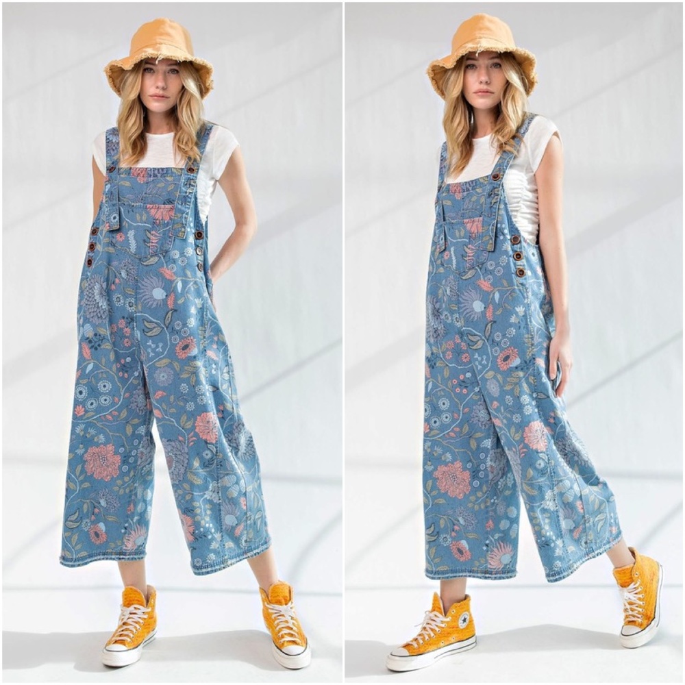 Easel Vintage Wash Floral Print Denim Oversized Overalls Jumpsuit - Picture 4 of 6
